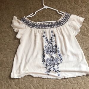 Off the shoulder cream top with navy detailing